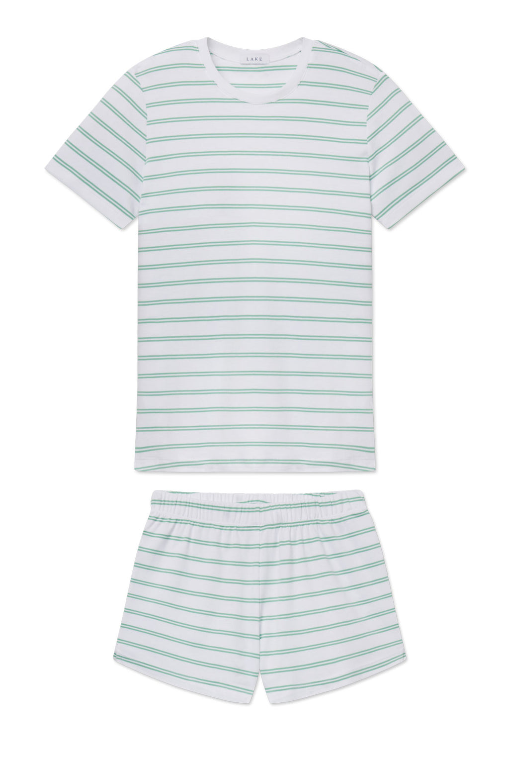 White crew neck t-shirt and shorts set with green horizontal stripes throughout.