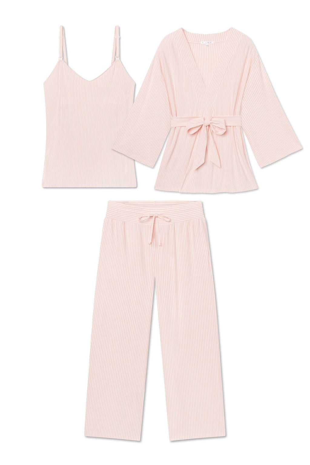 The Maternity DreamModal™ Kimono Three-Piece Set in English Rose Pencil Stripe includes a sleeveless camisole, belted kimono-style robe, and wide-leg drawstring pants in light pink with thin white stripes.