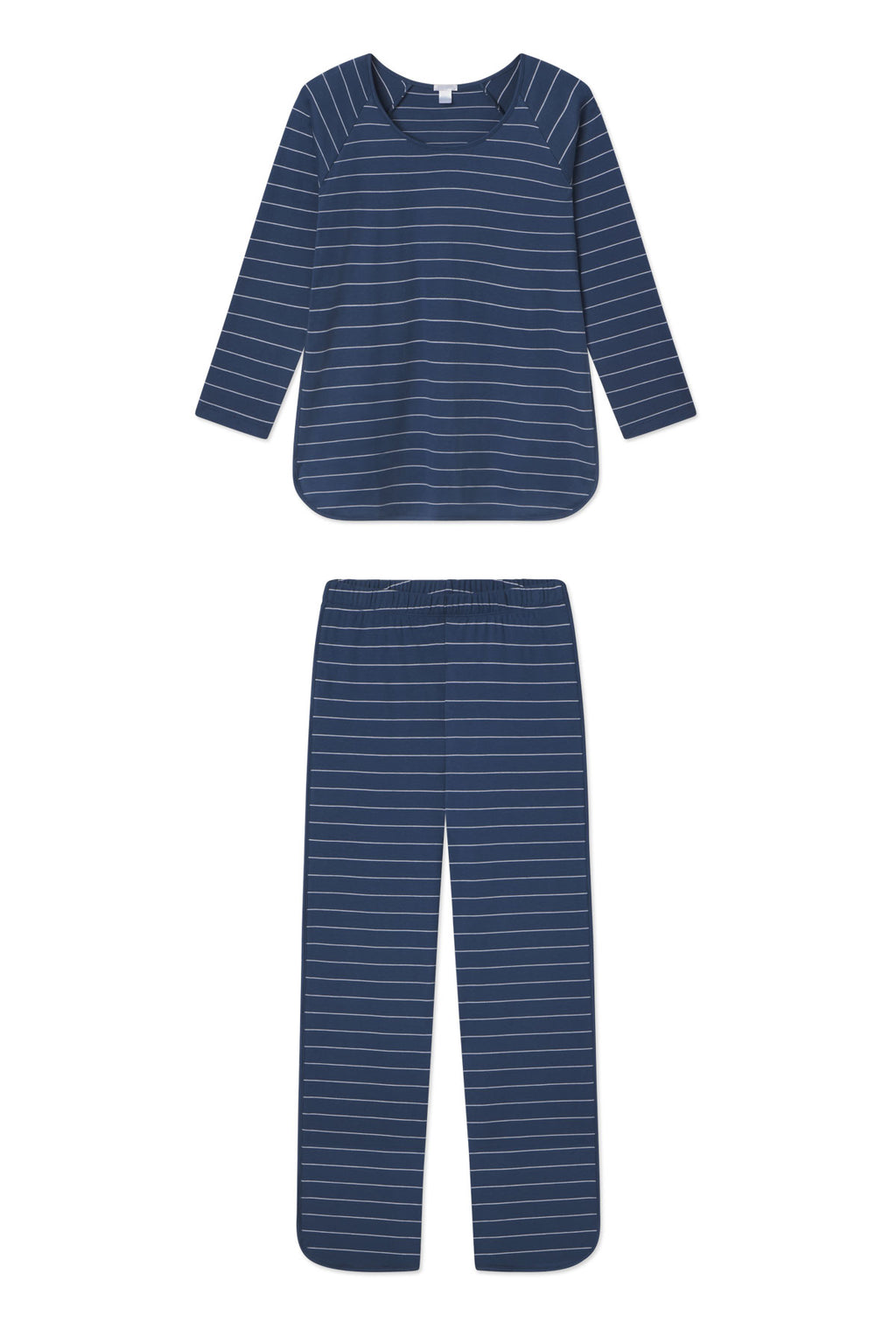 The Pima Long-Long Set in Navy Boating Stripe features a navy base with thin white stripes, long-sleeve top, full-length pants with elastic waistband, and is made from 100% Pima cotton.