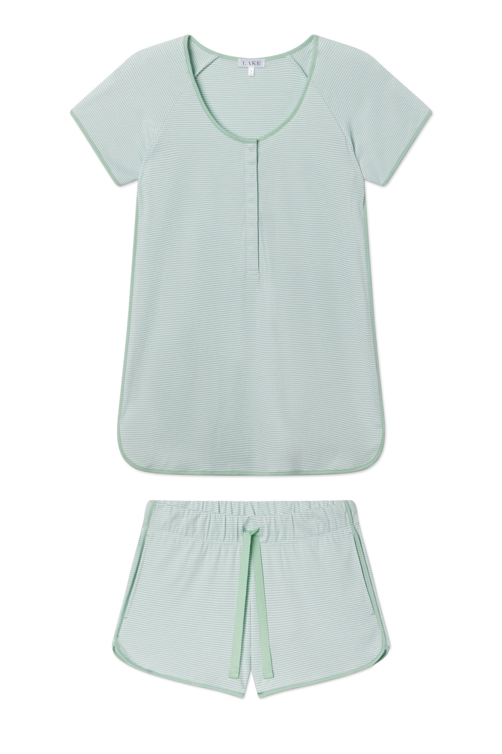 The Pima Maternity Shorts Set in Parisian Green features a light green short-sleeve buttoned top, ideal for nursing, and matching shorts. Both pieces have a subtle striped texture and rounded hems.