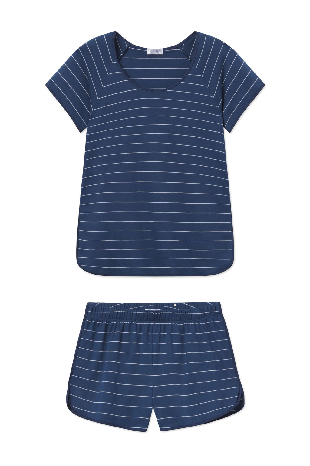 The Pima Shorts Set in Navy Boating Stripe features a soft Pima cotton short-sleeve top with a round neckline and elastic-waist shorts, designed for comfort and style.