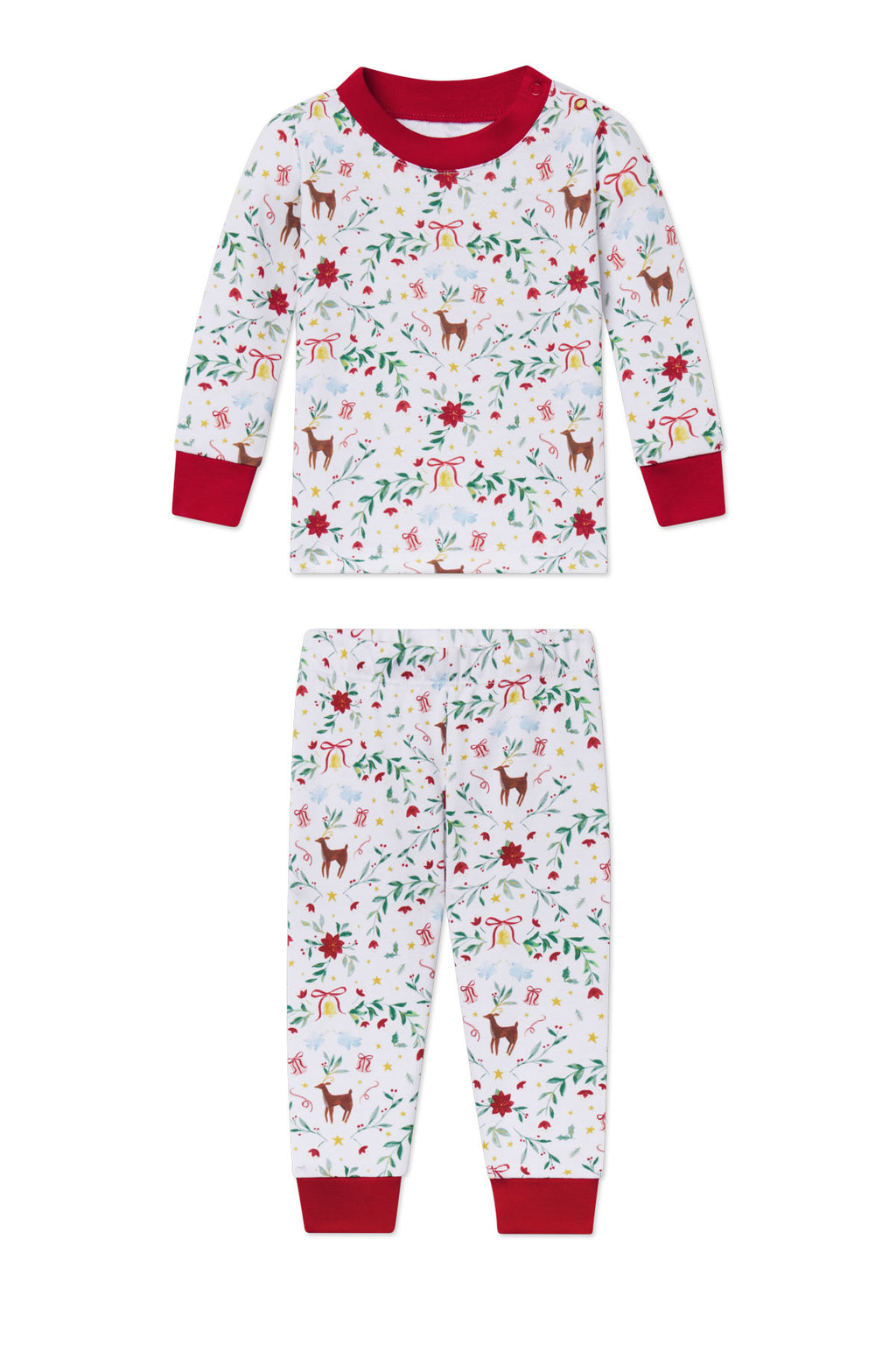 Baby two-piece pajama set with red trim and festive print including reindeer, poinsettias, and holiday icons.