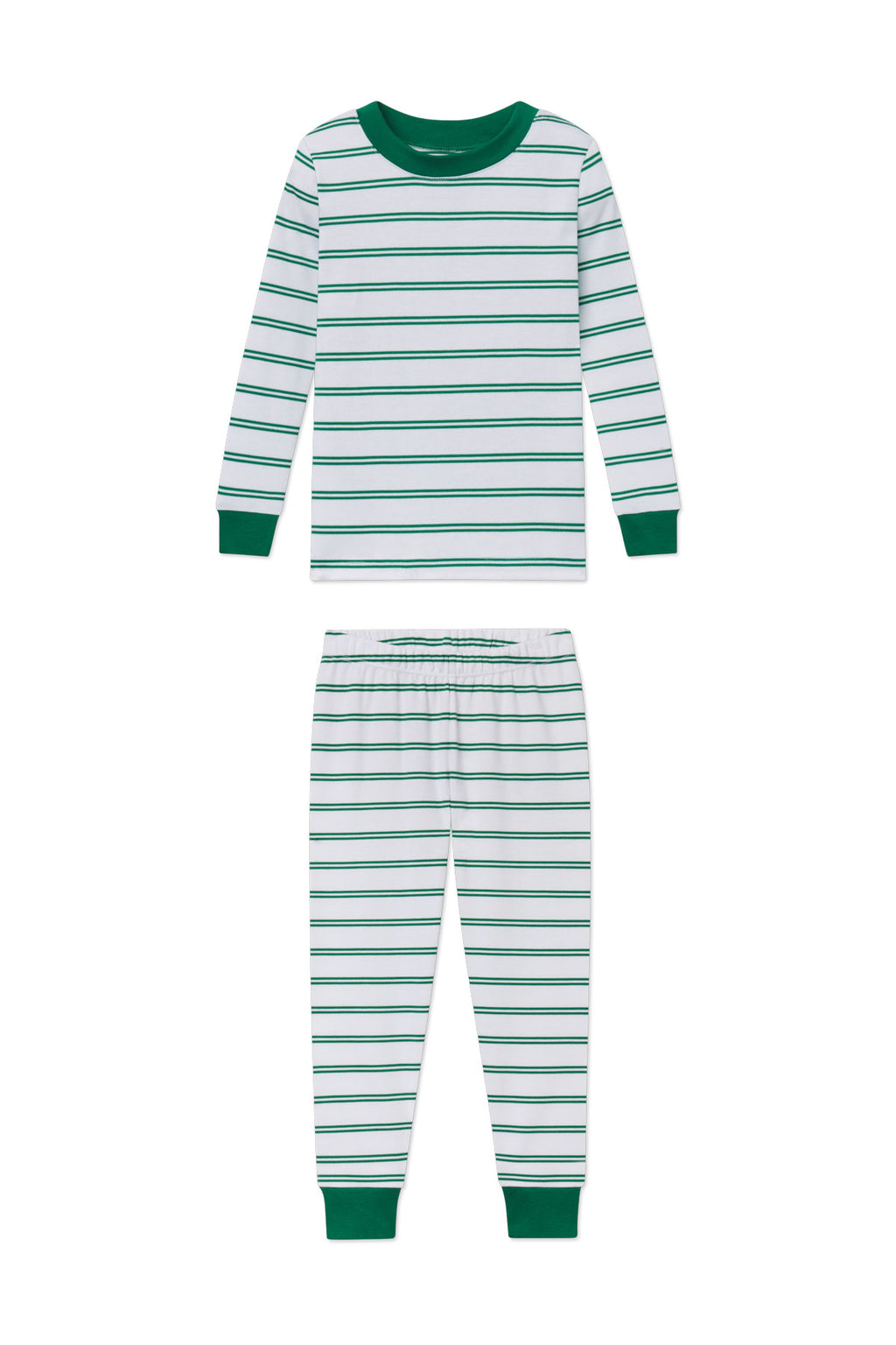 Kids long-sleeve pajama set with green and white horizontal stripes, green ribbed collar, cuffs, and ankle bands.