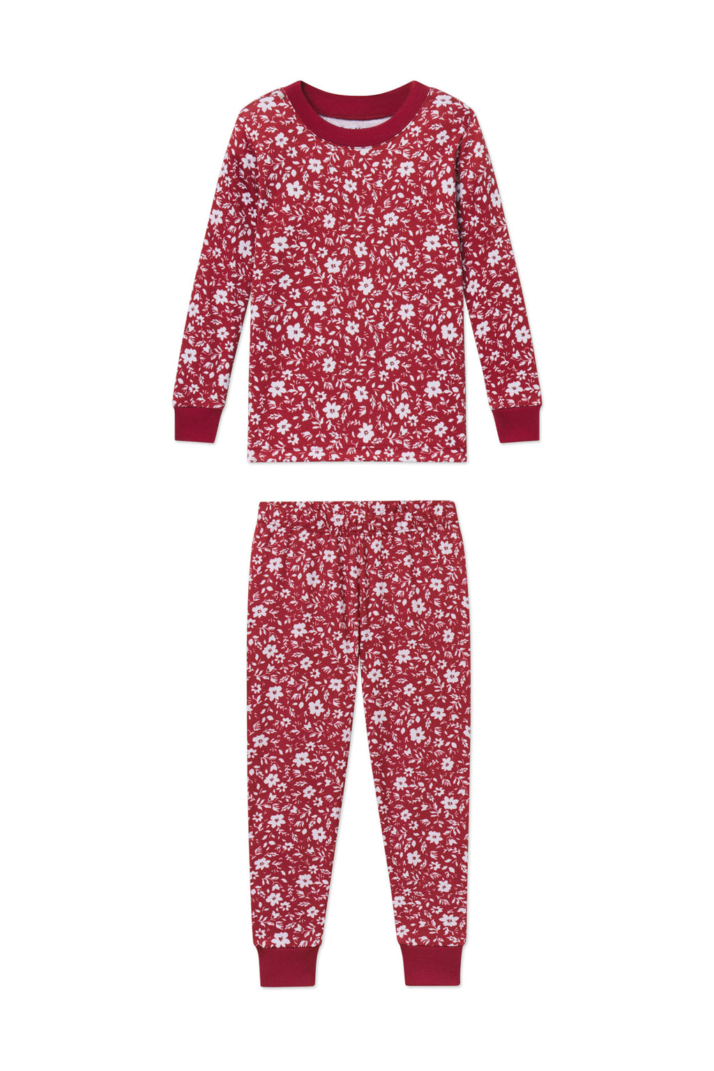 Garnet red two-piece pajama set with white floral print, long sleeves, and ribbed cuffs and waistband.