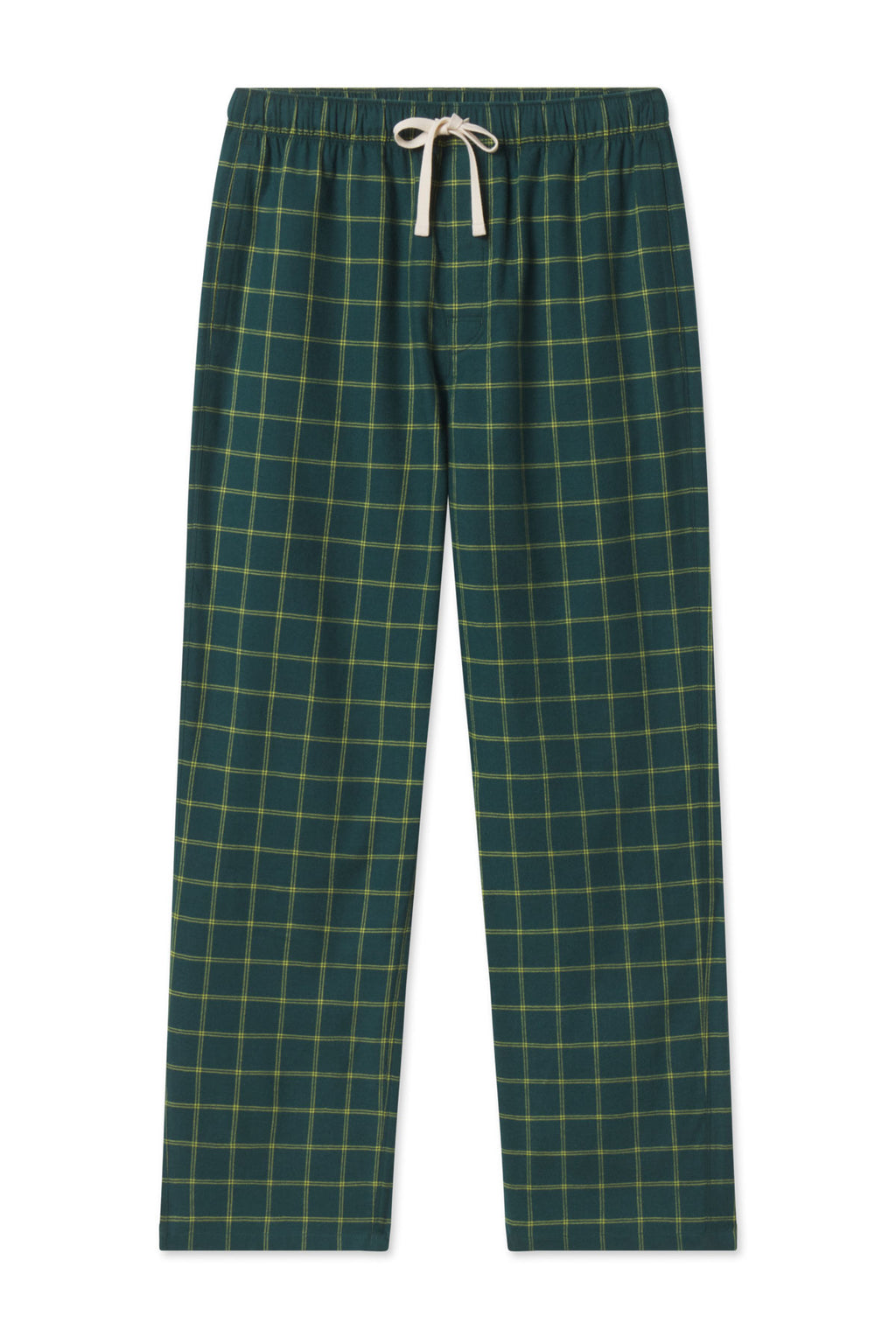 Dark teal flannel pajama pants with yellow windowpane plaid pattern and cream drawstring waist.