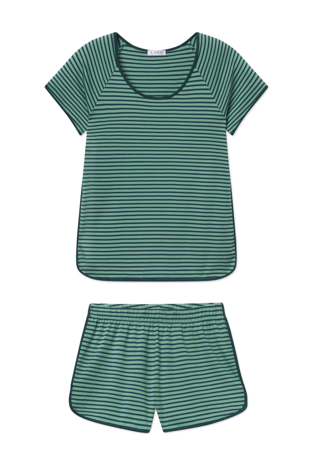 Two-piece pajama set with dark sea and light green horizontal stripes, short-sleeved t-shirt and matching shorts.