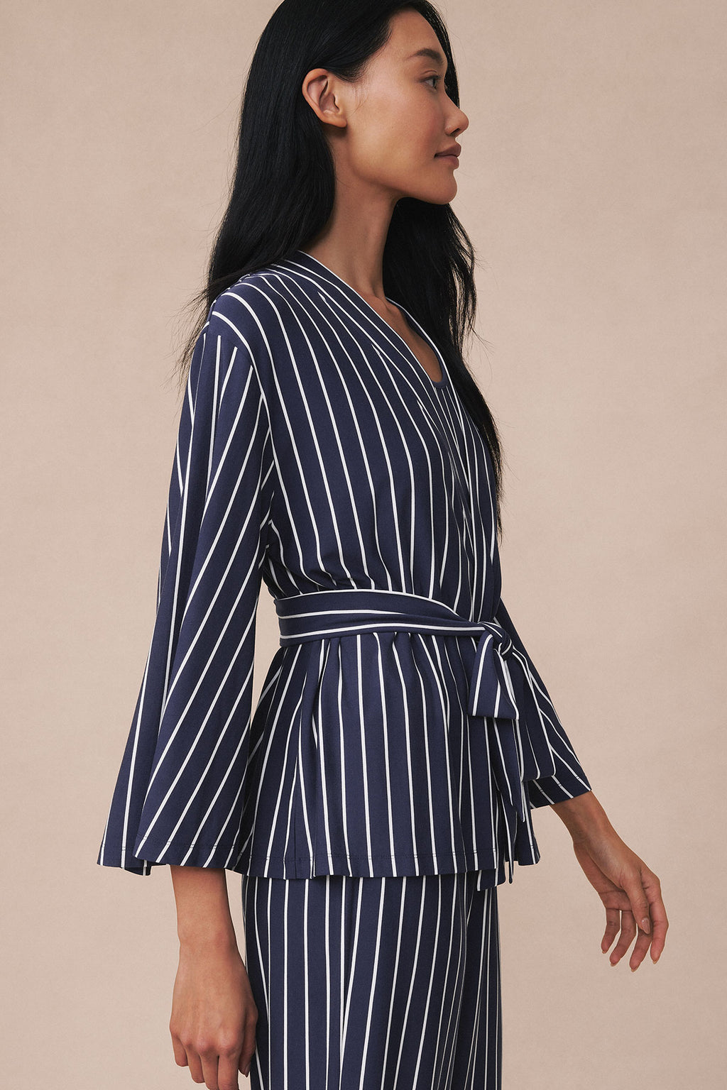 Navy and white vertical striped kimono with matching pants, tied at waist.