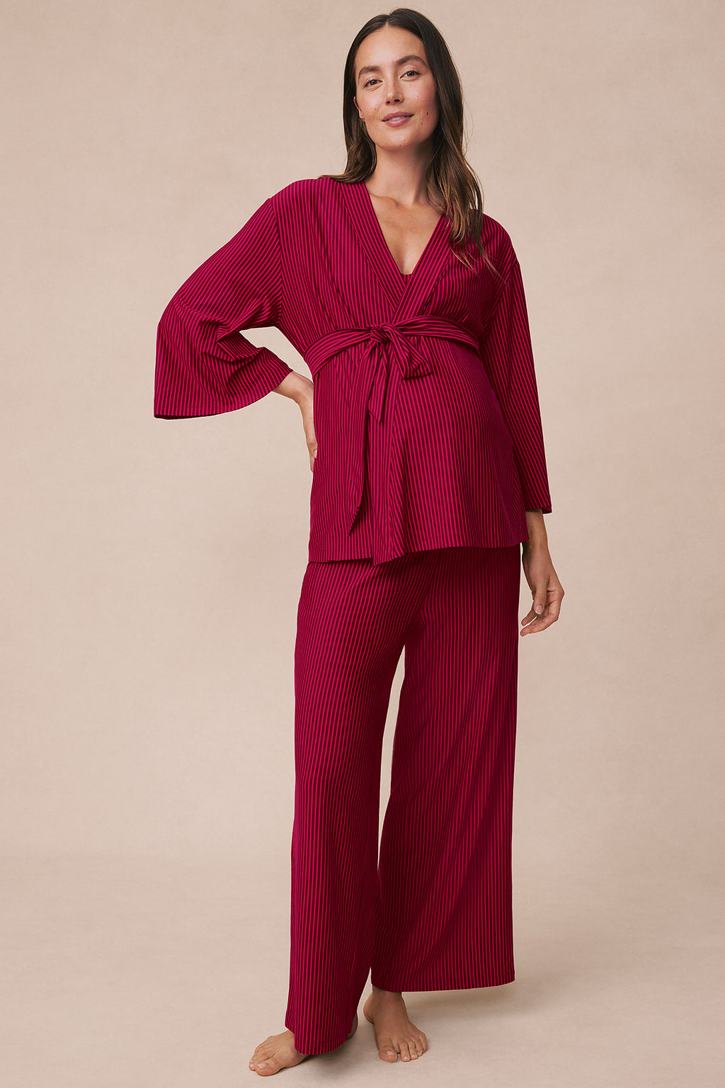 Burgundy striped maternity kimono set with wrap top, matching pants, and tie waist detail.