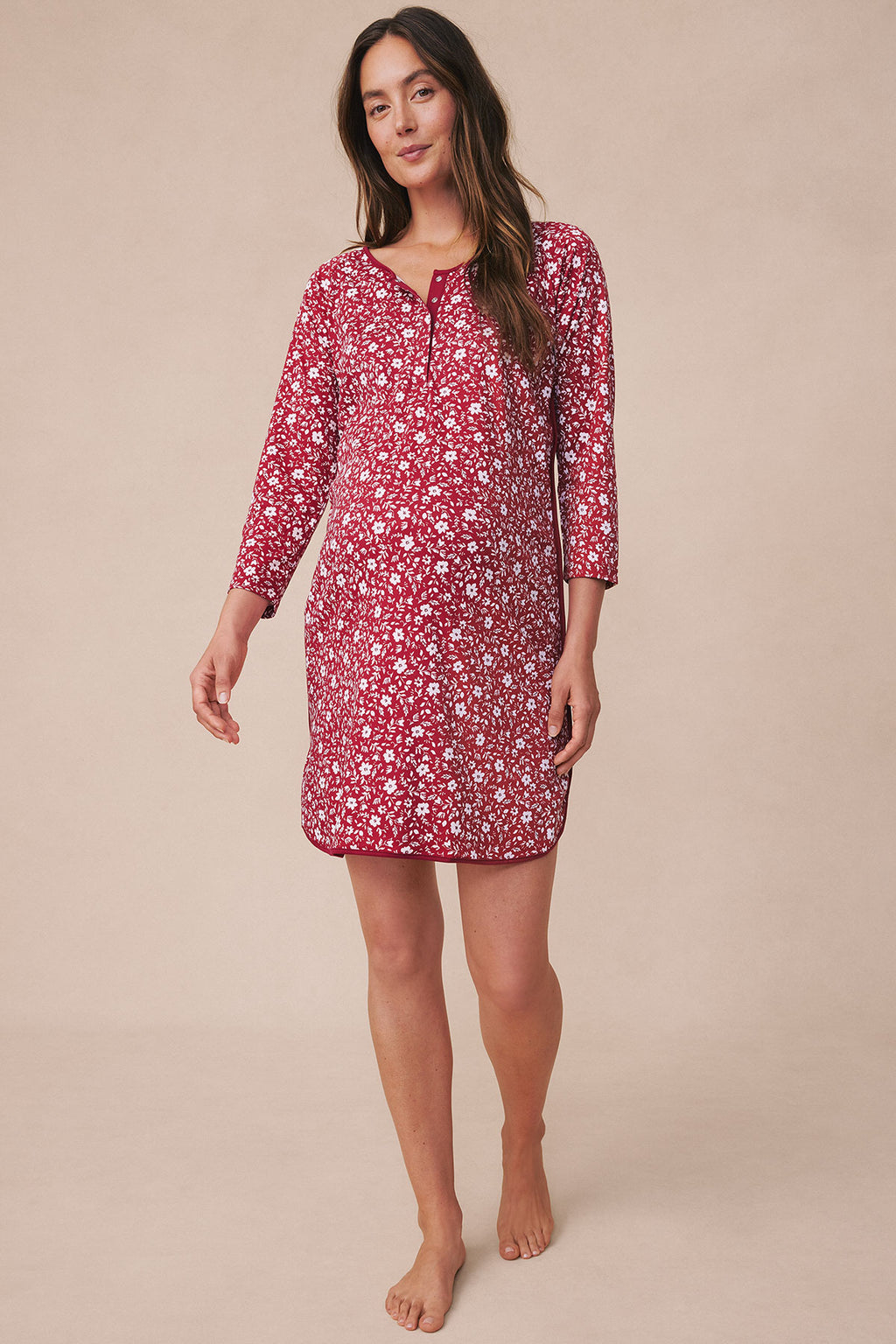 Garnet floral print maternity nightgown with long sleeves and button front placket.