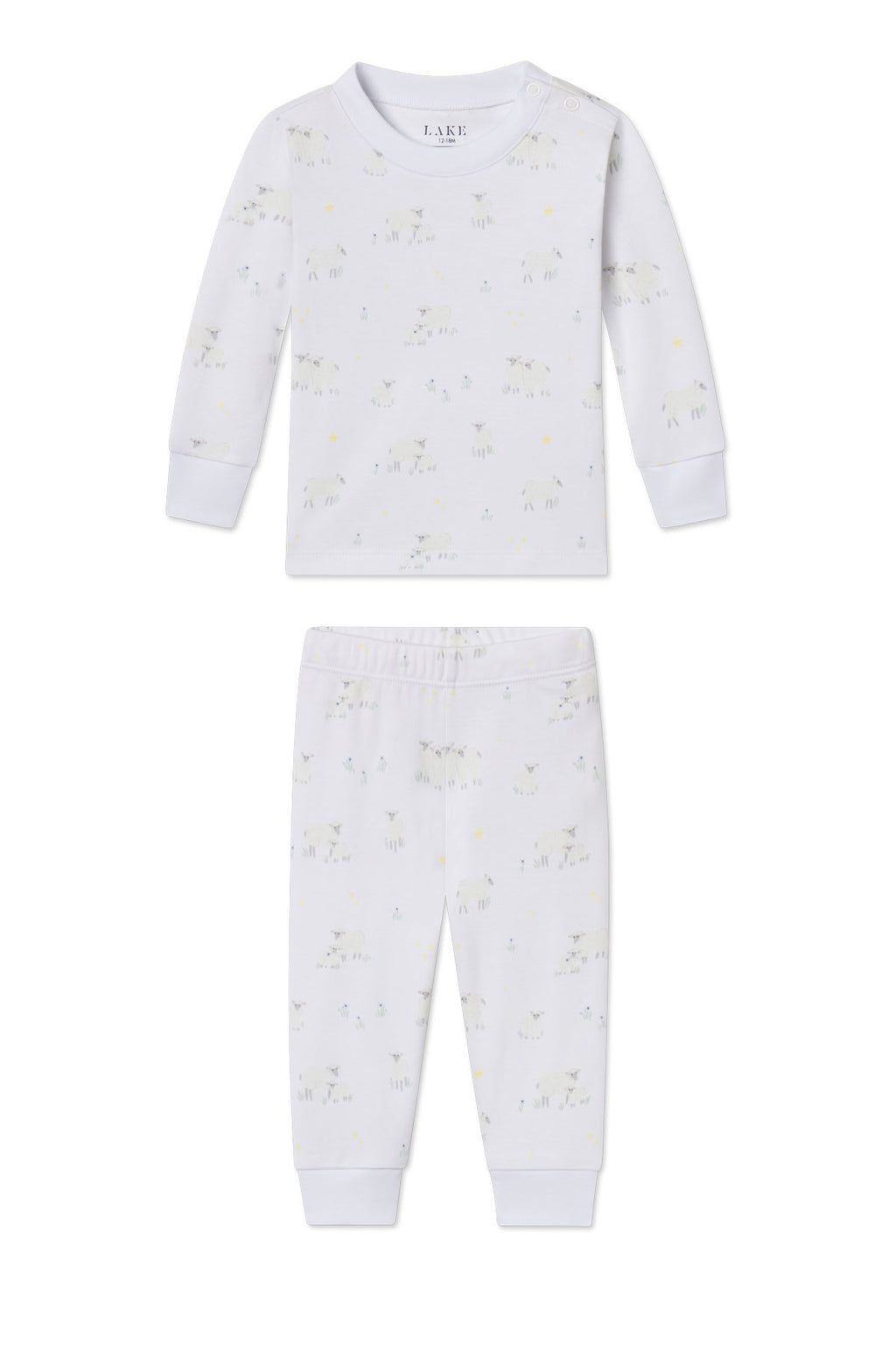 The Baby Long-Long Set in Sleepy Sheep, made from soft Pima Cotton, features a light blue pajama set with a crew neck top and elastic waist pants, laid flat on a white background.
