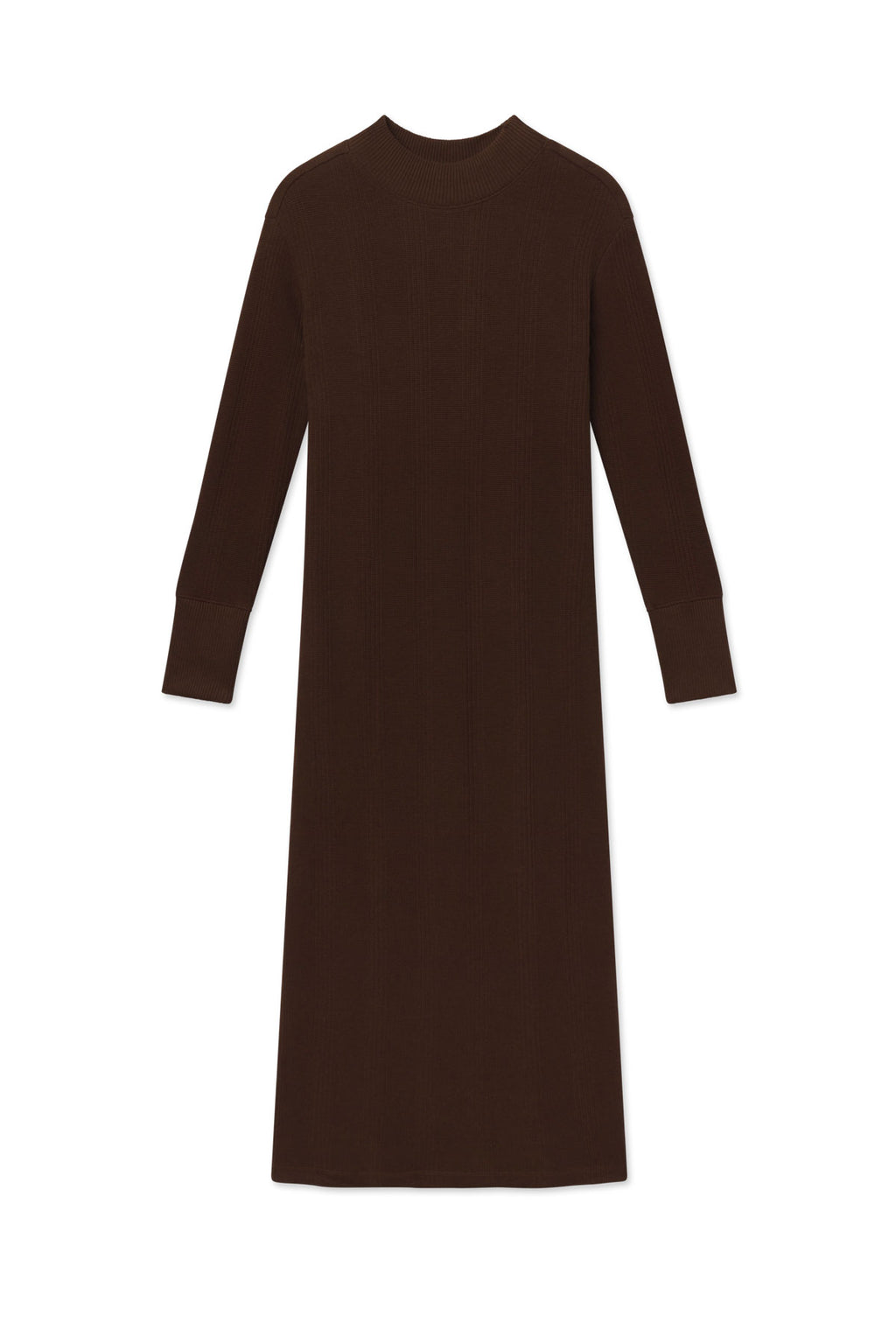 Cocoa brown ribbed waffle knit midi dress with long sleeves and crew neckline.