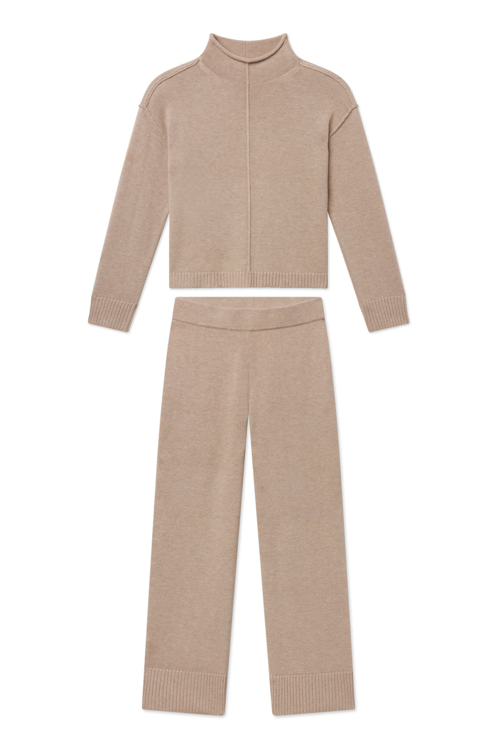 Ginger heather turtleneck sweater and matching wide-leg knit pants set displayed flat.