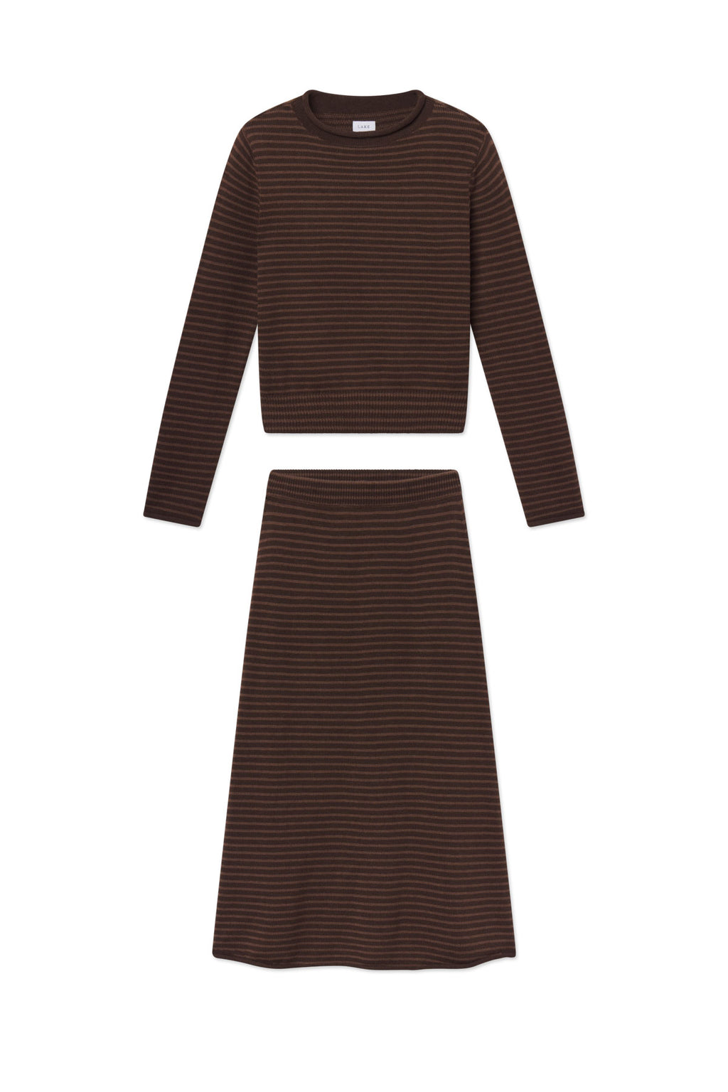 Brown striped long-sleeve sweater and midi skirt set with horizontal stripes throughout.
