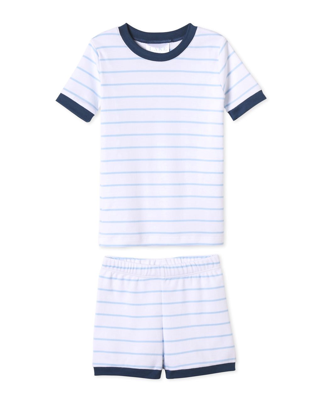 The Kids Shorts Set in Marine is a short-sleeved Pima cotton outfit with light blue Breton stripes on white, finished with dark blue trim on the collar, sleeve cuffs, and shorts hems.