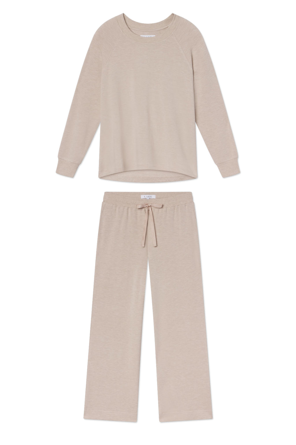 The Relax Pants Set in Oat Heather includes a long-sleeve crewneck top and drawstring wide-leg pants made of soft, comfortable fabric in light beige, shown laid flat on a white background.