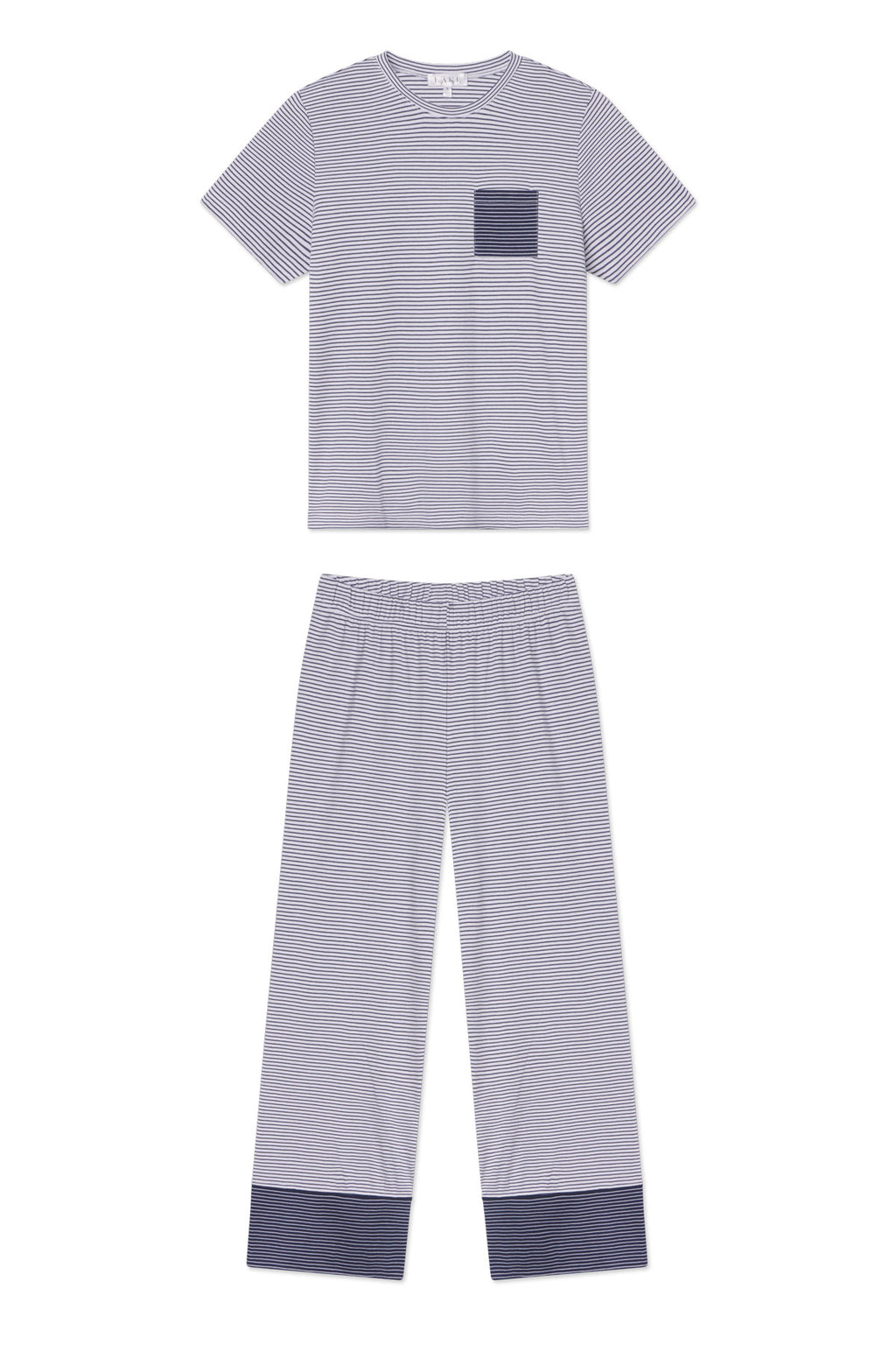 The Pima Crew Wide Leg Pajama Set in English Navy Stripe features a short-sleeve striped top with a chest pocket and matching wide-leg striped pants, both made from soft Pima cotton.