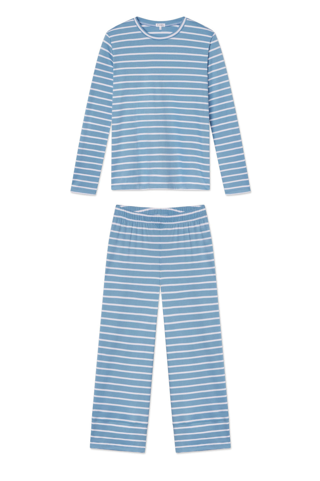 The Pima Crew Long Sleeve Wide Leg Pajama Set in Serene Blue Anchor Stripe features a matching blue and white striped loungewear set with a crewneck top and wide leg pants, shown flat on a white background.
