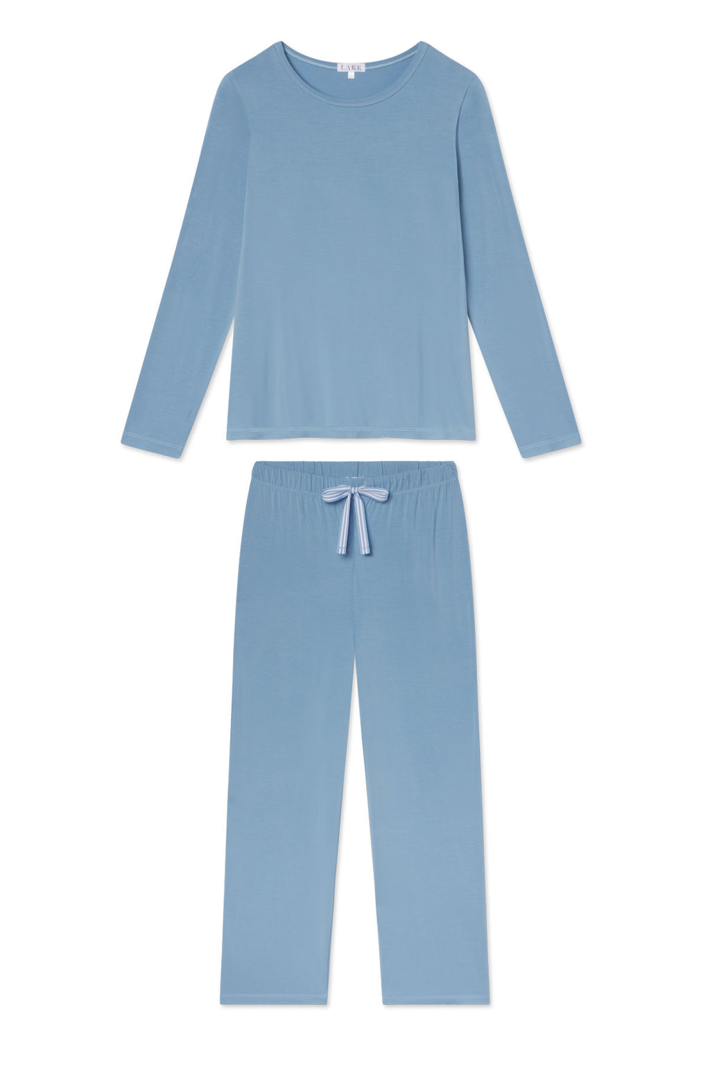 The DreamModal Ribbon Long-Long Set in Serene Blue features a long sleeve pajama top and matching modal pajama pants, both displayed flat on a white background.