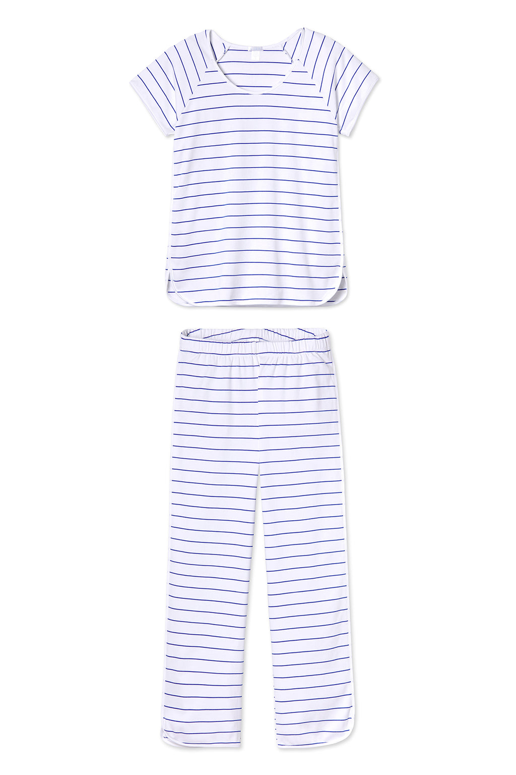 The Pima Short-Long Set in Cobalt is a soft Pima cotton pajama set with a white short-sleeve, round-neck top and long pants, both featuring thin horizontal royal blue stripes, shown on a plain background.