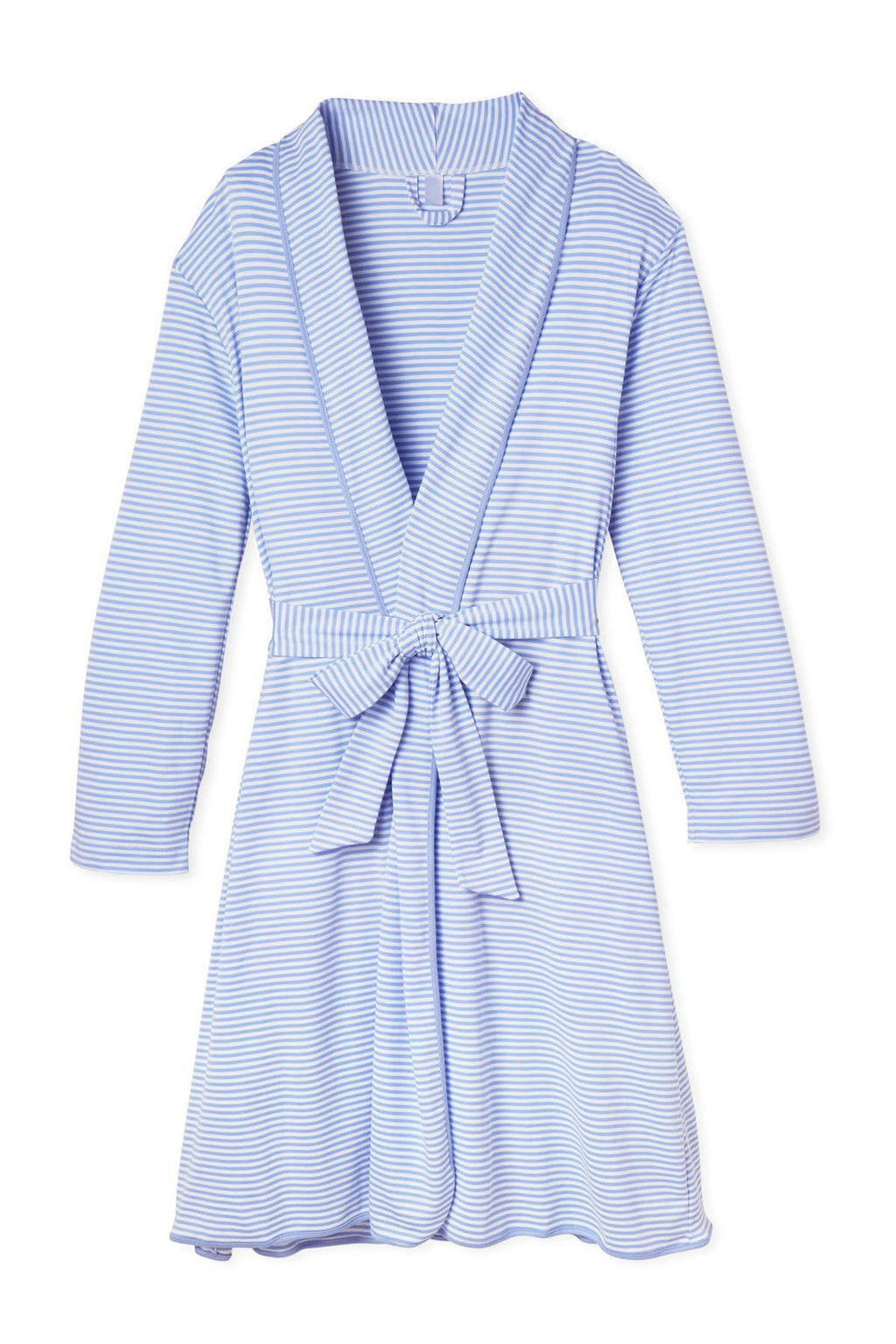 The Pima Robe in Hydrangea features light blue and white stripes, long sleeves, a V-neck, and a matching waist tie. Crafted from soft Pima cotton, it’s shown flat against a white background.