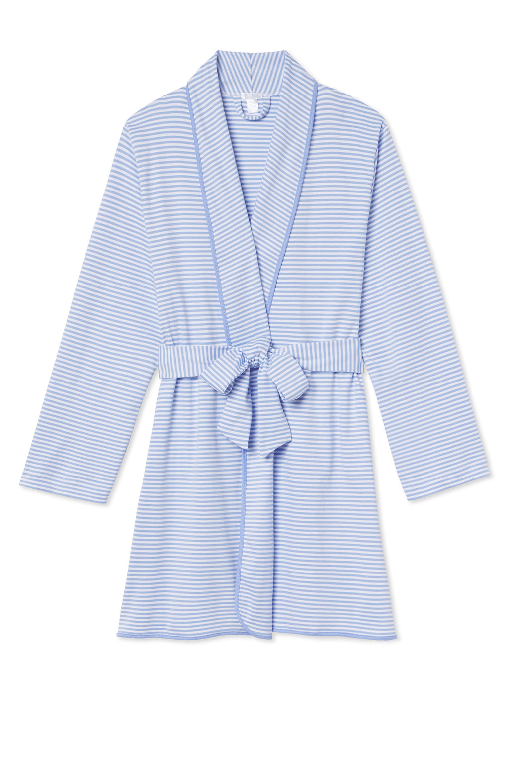 The Pima Short Robe in Hydrangea features light blue and white stripes, long sleeves, a shawl collar, and a matching waist belt. Made from soft Pima cotton for comfort, its shown on a white background.